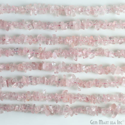 Rose Quartz Chip Beads, 34 Inch, Natural Chip Strands, Drilled Strung Nugget Beads, 3-7mm, Polished, GemMartUSA (CHRQ-70001)