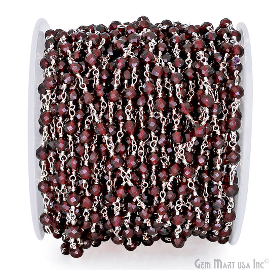 Garnet 4mm Silver Plated Beaded Wire Wrapped Rosary Chain