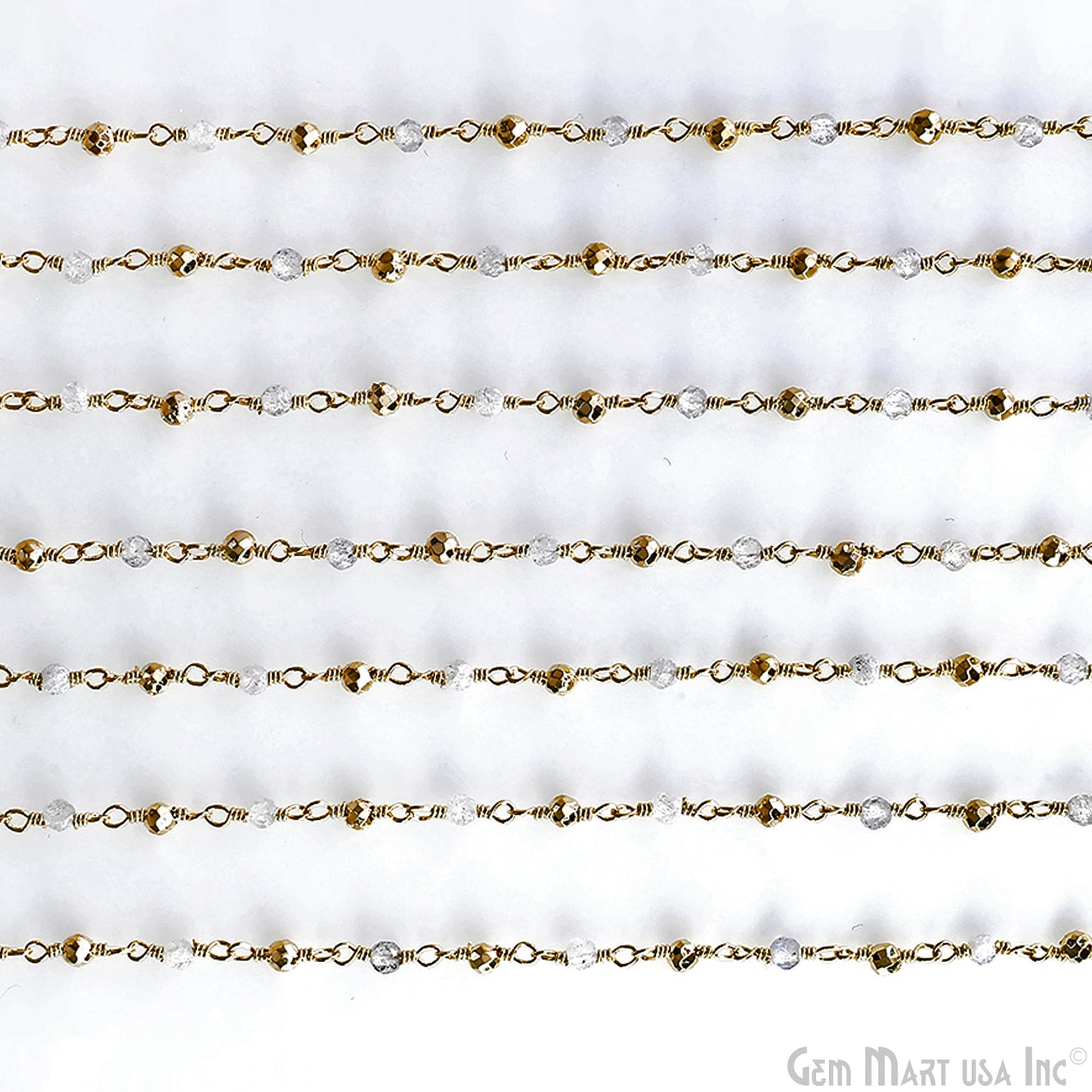 Labradorite & Golden Pyrite 2-2.5mm Tiny Beads Gold Plated Wire Wrapped Rosary Chain