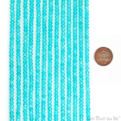 Aqua Chalcedony Rondelle Beads, 12.5 Inch Gemstone Strands, Drilled Strung Nugget Beads, Faceted Round, 3-4mm