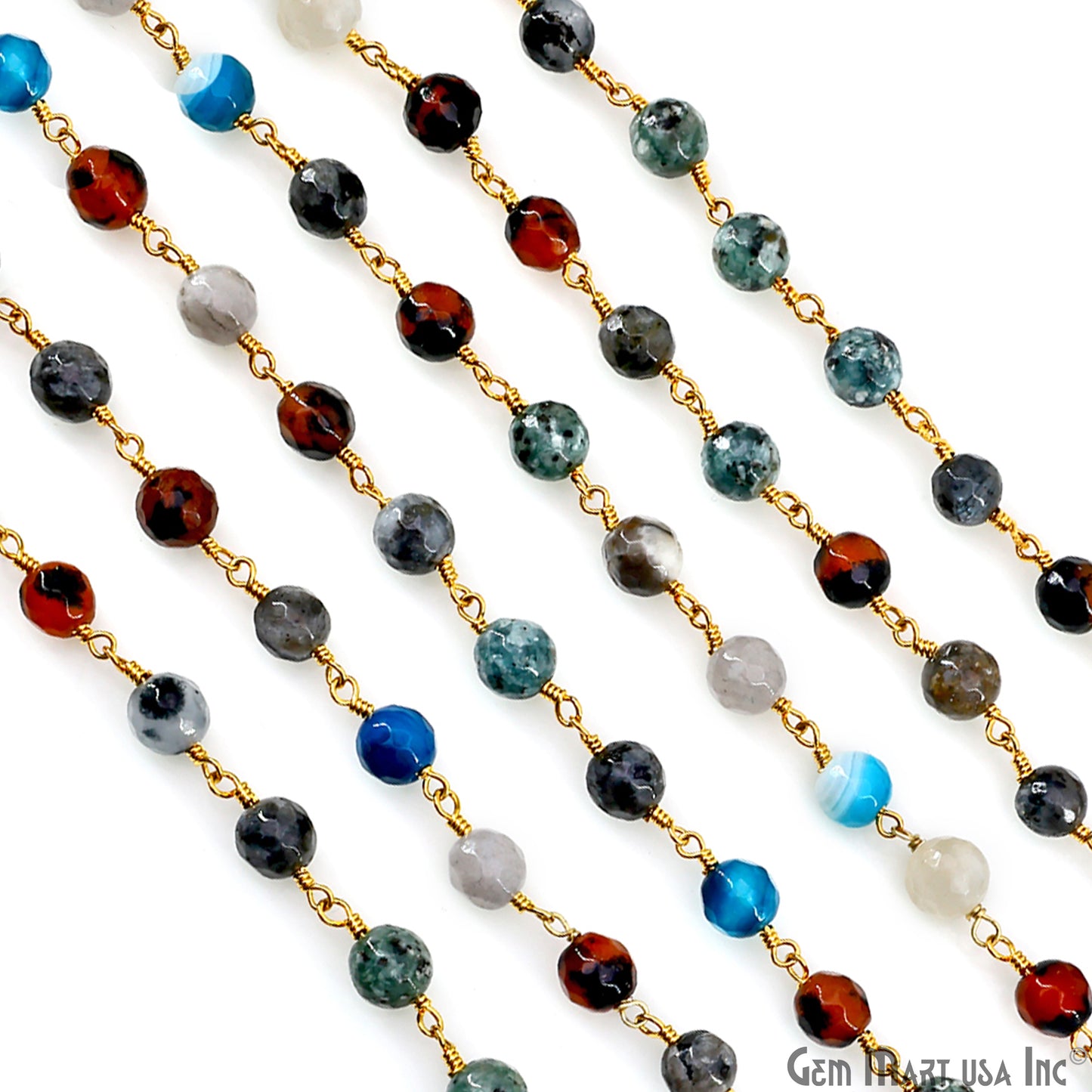 Multi Color Jade Faceted 6mm Gold Plated Wire Wrapped Rosary Chain