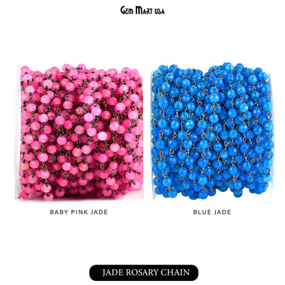 Dyed Jade Bead Faceted Crystal Round Rosary Chain Black Plating, 4mm, 1+ ft