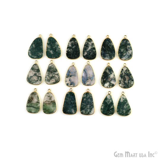 Moss Agate Free Form Gold Plated Single Bail Bezel Smooth Slab Slice Thick Gemstone Connector 30x18mm 1 Pair