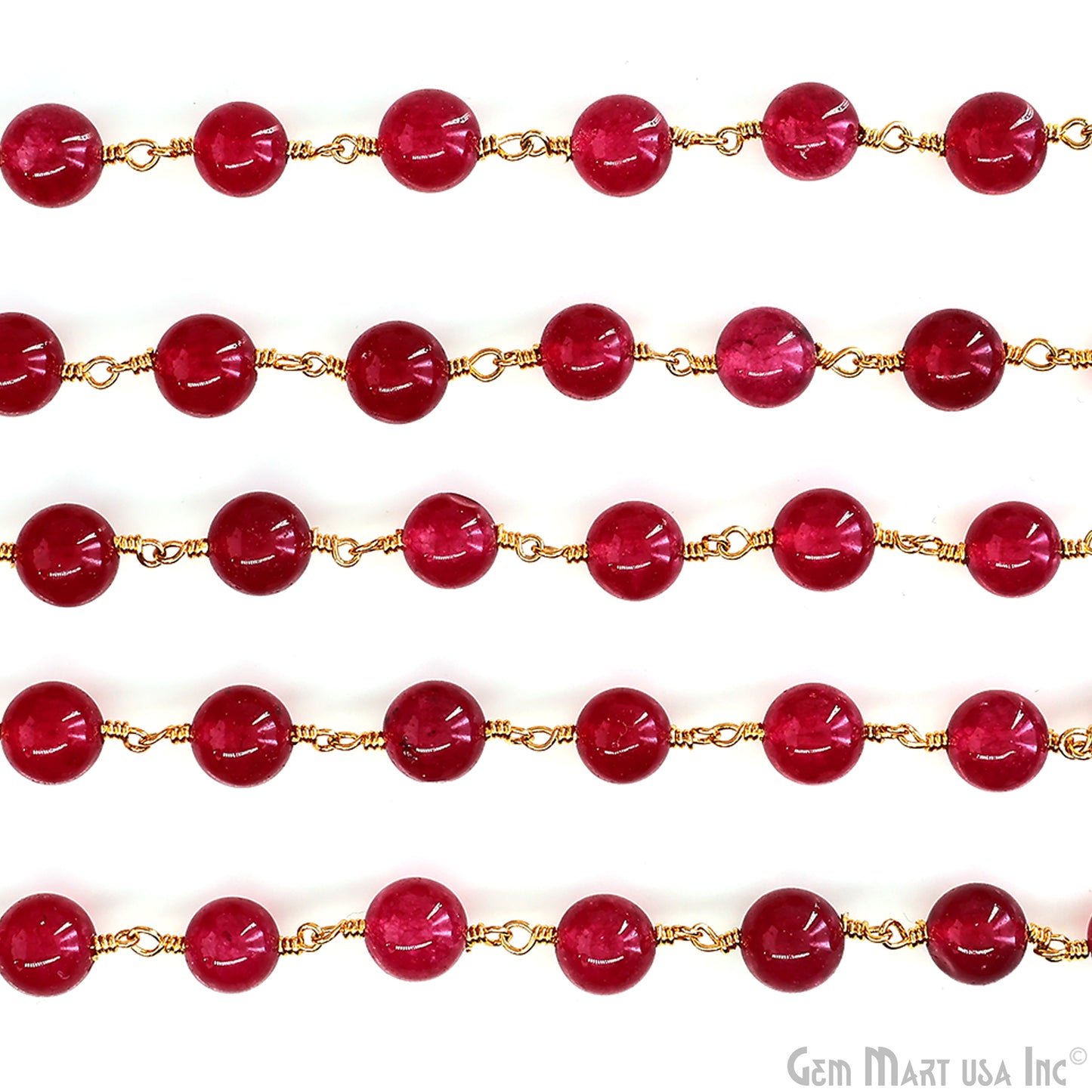 Pink Tourmaline 8mm Cabochon Beads Gold Wire Wrapped Rosary Chain