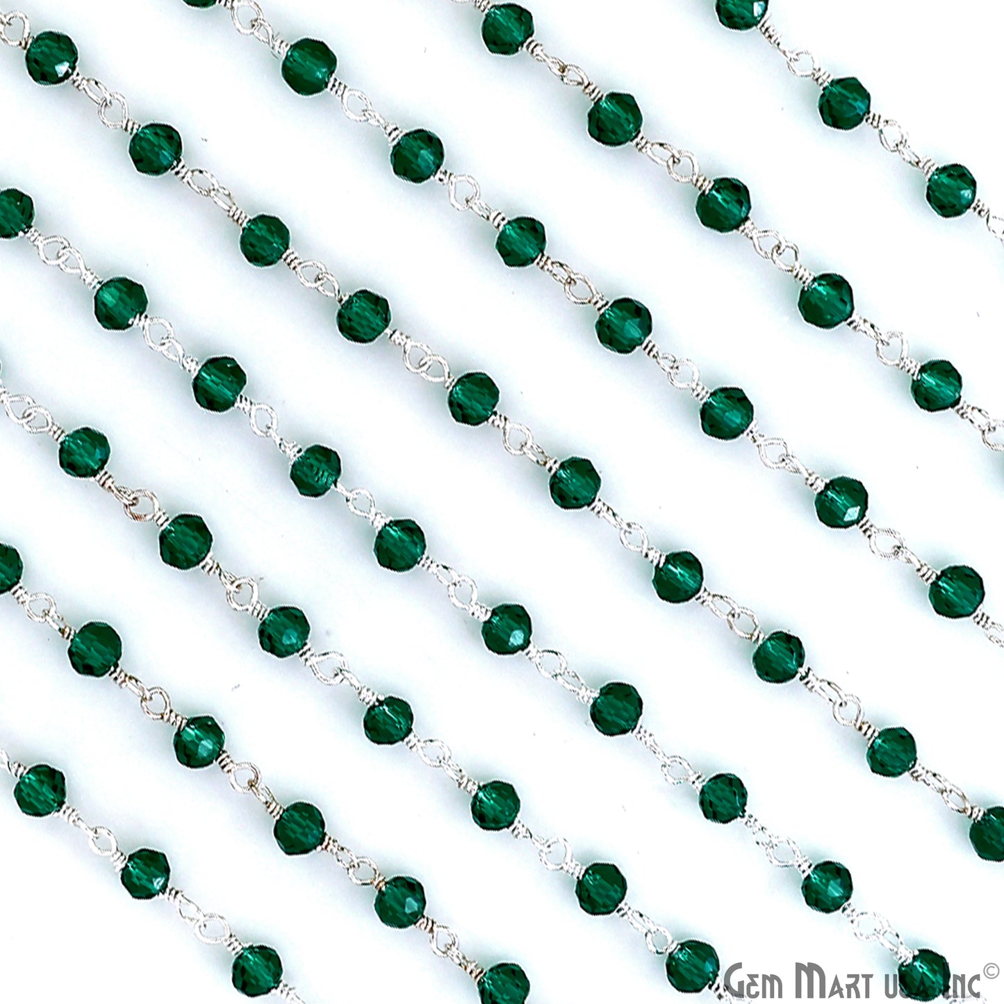 Green Zircon 3-3.5mm Faceted Beads Silver Wire Wrapped Rosary Chain