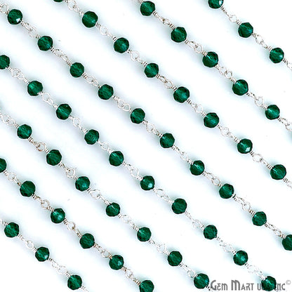 Green Zircon 3-3.5mm Faceted Beads Silver Wire Wrapped Rosary Chain