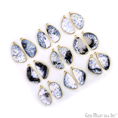 Dendrite Opal D Shape Gold Plated Single Bail Bezel Smooth Slab Slice Thick Gemstone Connector 30x17mm 1 Pair