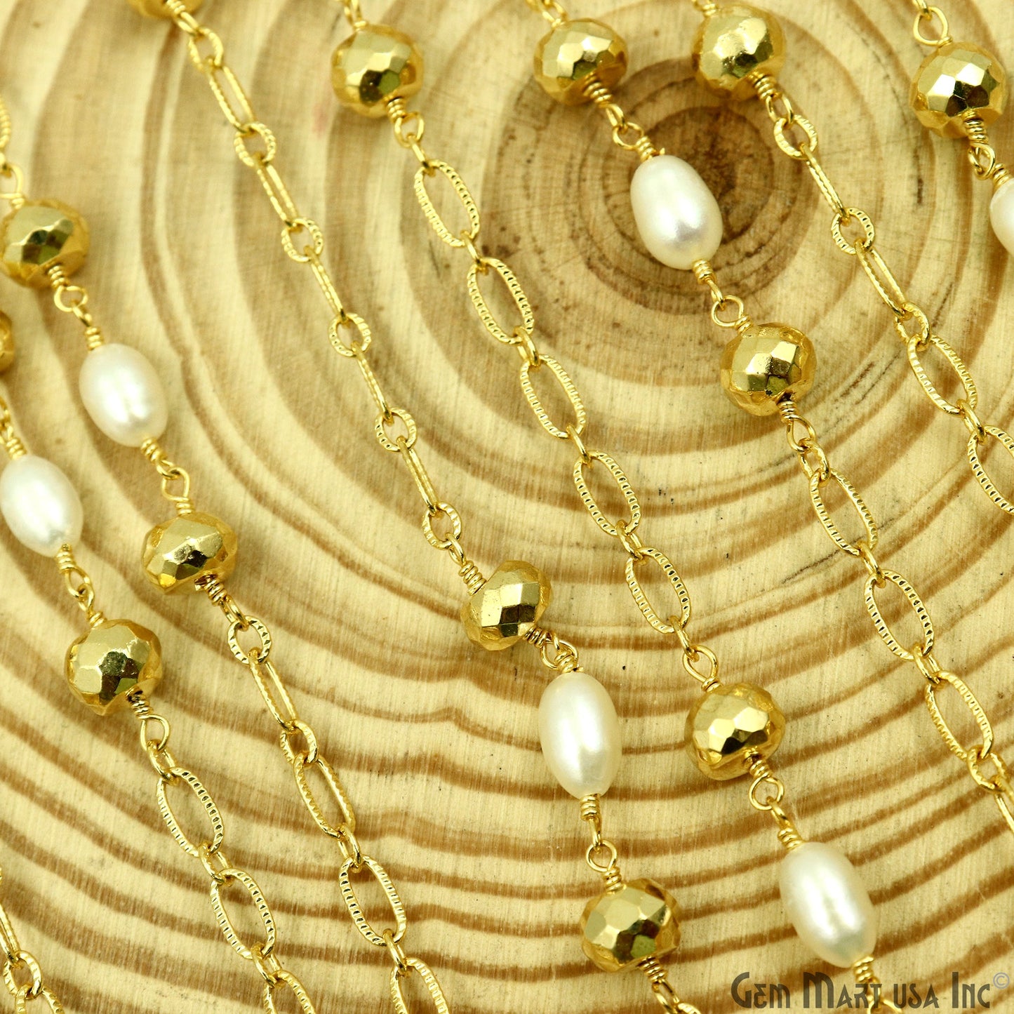 Golden Pyrite 6-7mm & Freshwater Pearl Round Beads Gold Plated Finding Rosary Chain