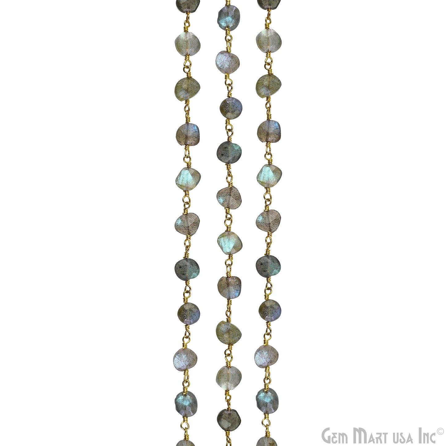 Labradorite Coin 5-6mm Gold Wire Wrapped Rosary Chain