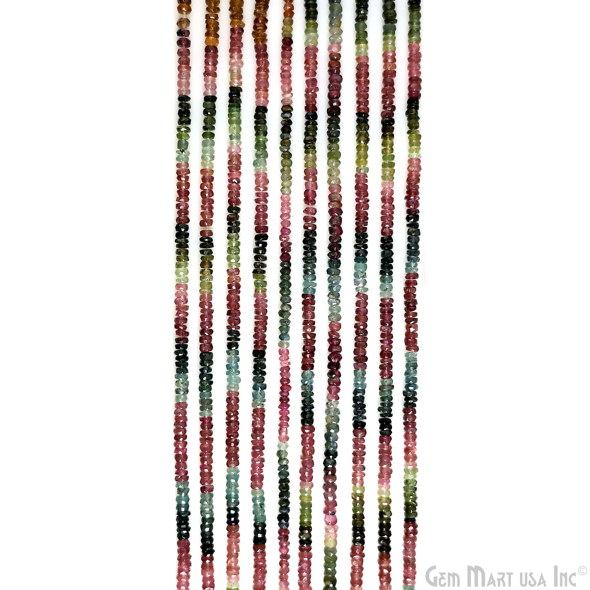 Image of a 13-inch strand of 4mm Multi Tourmaline Rondelle Beads, showcasing their vibrant colors and faceted surfaces."