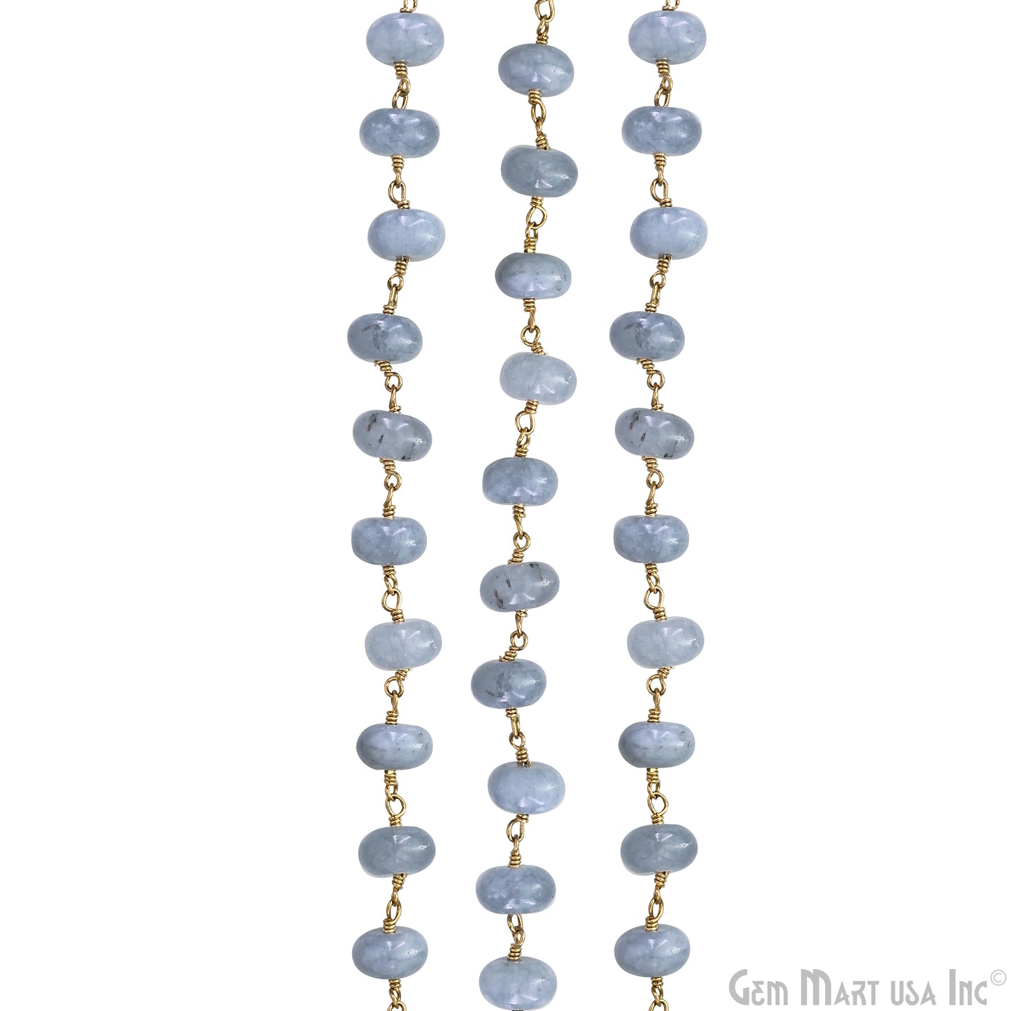 Baby Blue Jade Cabochon 8-9mm Gold Wire Wrapped Rosary Chain