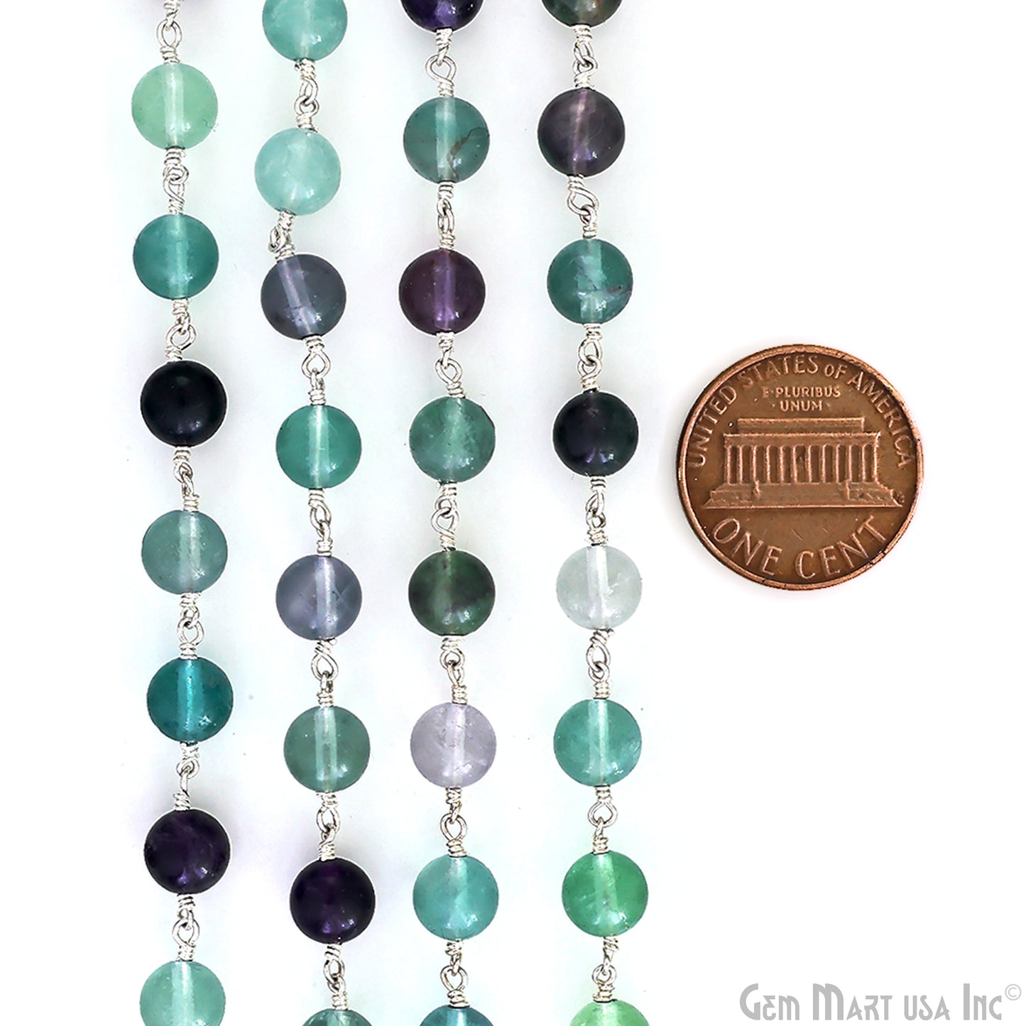 Fluorite 8mm Cabochon Beads Silver Wire Wrapped Rosary Chain