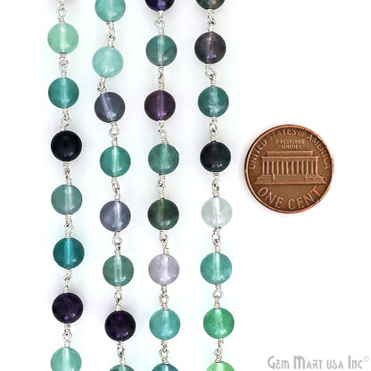 Fluorite 8mm Cabochon Beads Silver Wire Wrapped Rosary Chain
