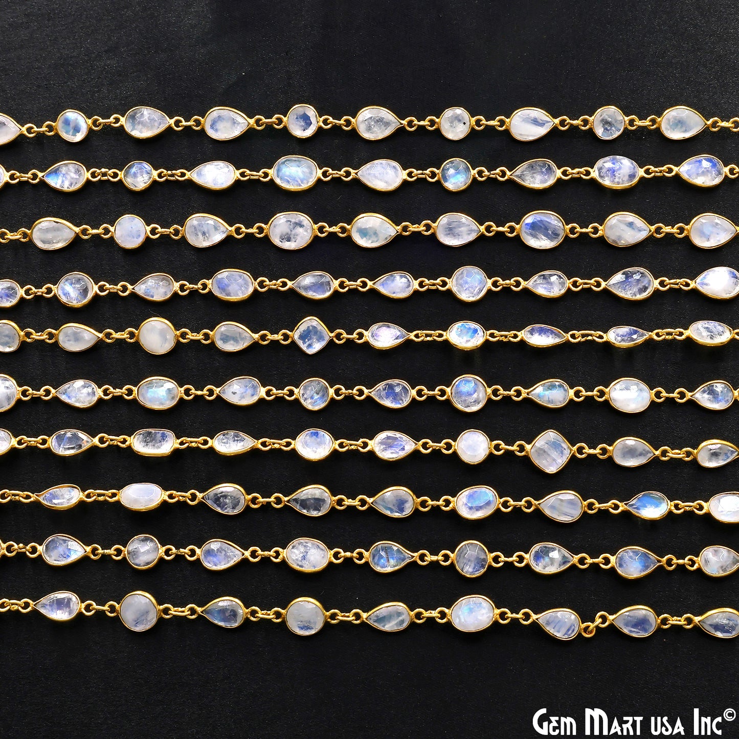 Rainbow Moonstone Below 10mm Gold Plated Bezel Continuous Connector Chain