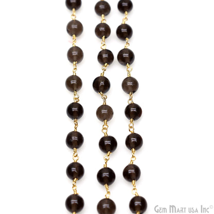 Smoky Topaz Cabochon Beads 6-7mm Gold Wire Wrapped Rosary Chain