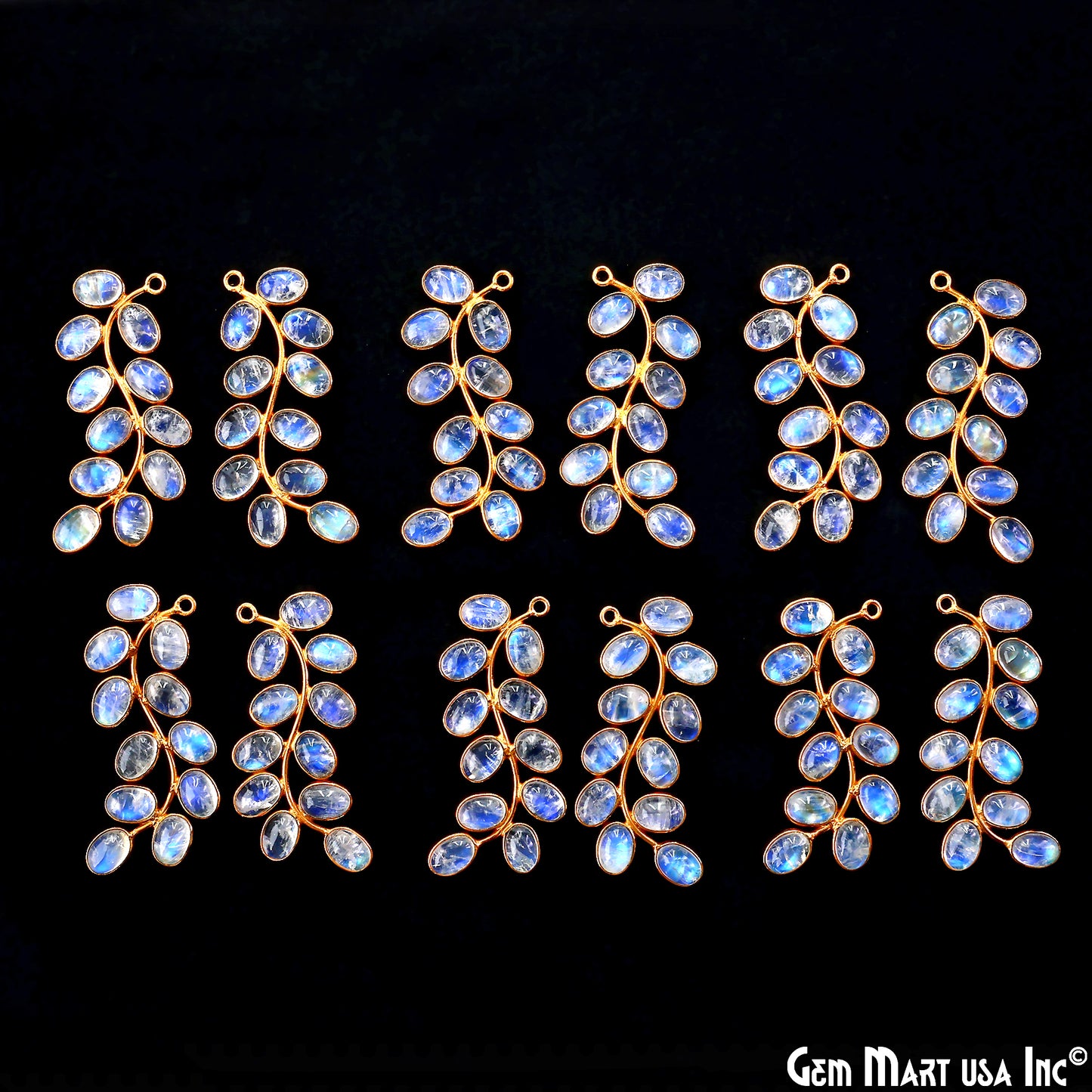 Rainbow Moonstone Gold Plated 44x16mm Leaf Dangle Finding Component
