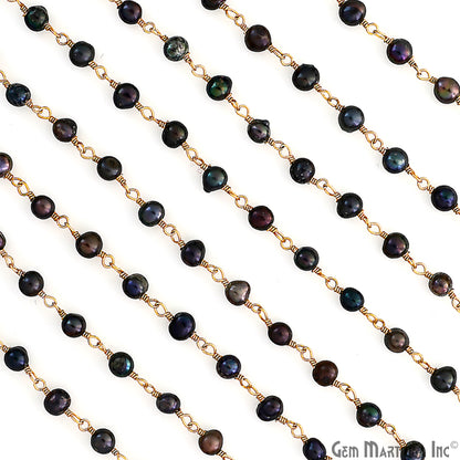 Black Pearl Round Gold Plated Wire Wrapped Beads Rosary Chain