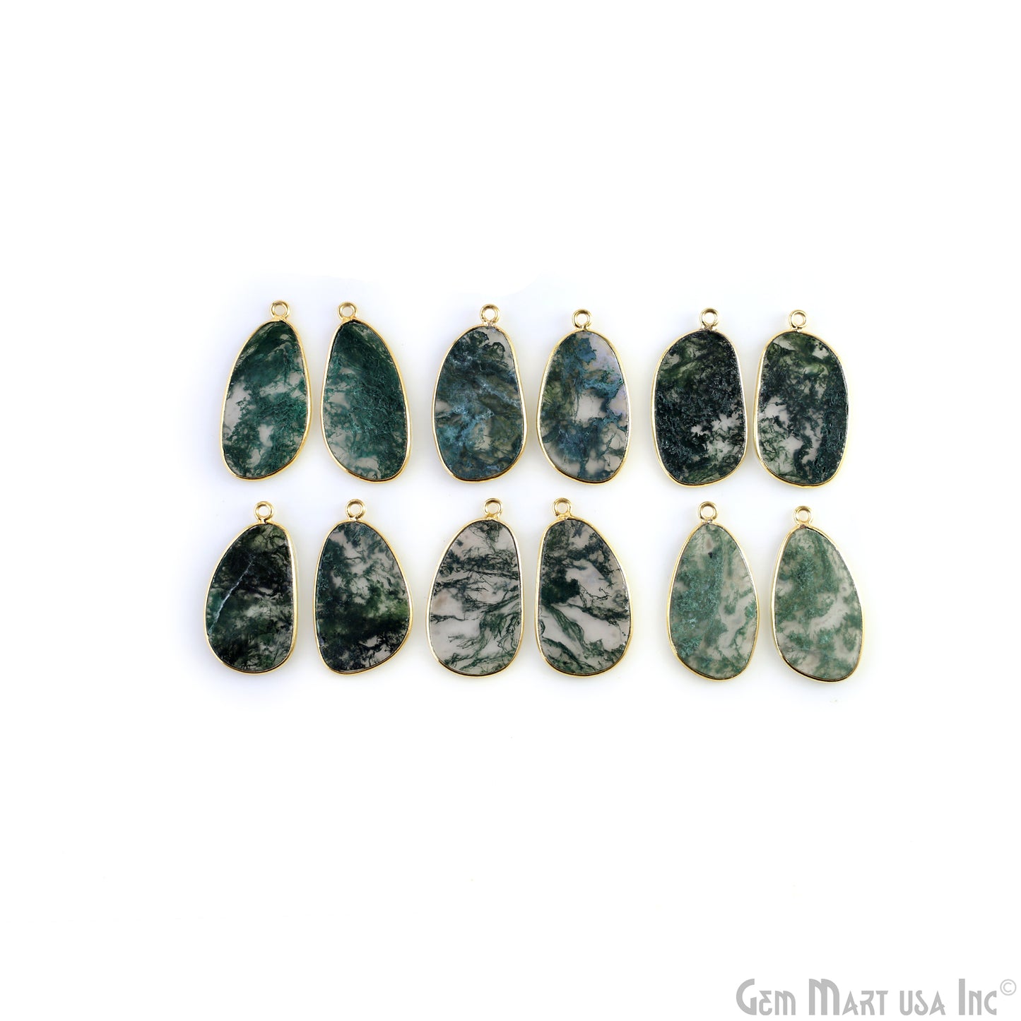 Moss Agate Free Form Gold Plated Single Bail Bezel Smooth Slab Slice Thick Gemstone Connector 30x15mm 1 Pair