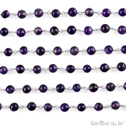 Amethyst 6mm Cabochon Beads Silver Wire Wrapped Rosary Chain