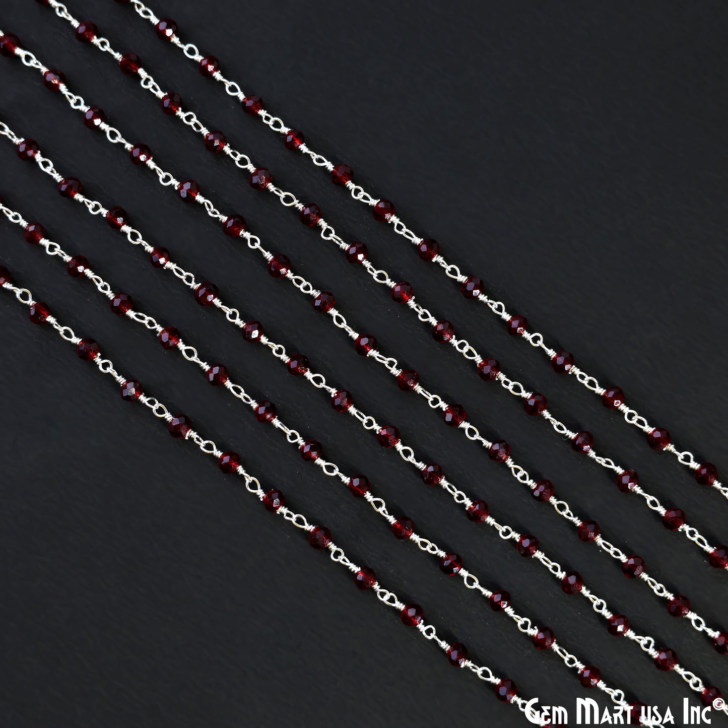 Garnet Color 3-3.5mm Tiny Beads Silver Plated Wire Wrapped Rosary Chain