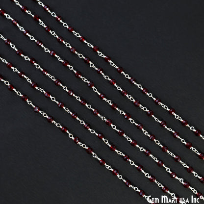 Garnet Color 3-3.5mm Tiny Beads Silver Plated Wire Wrapped Rosary Chain