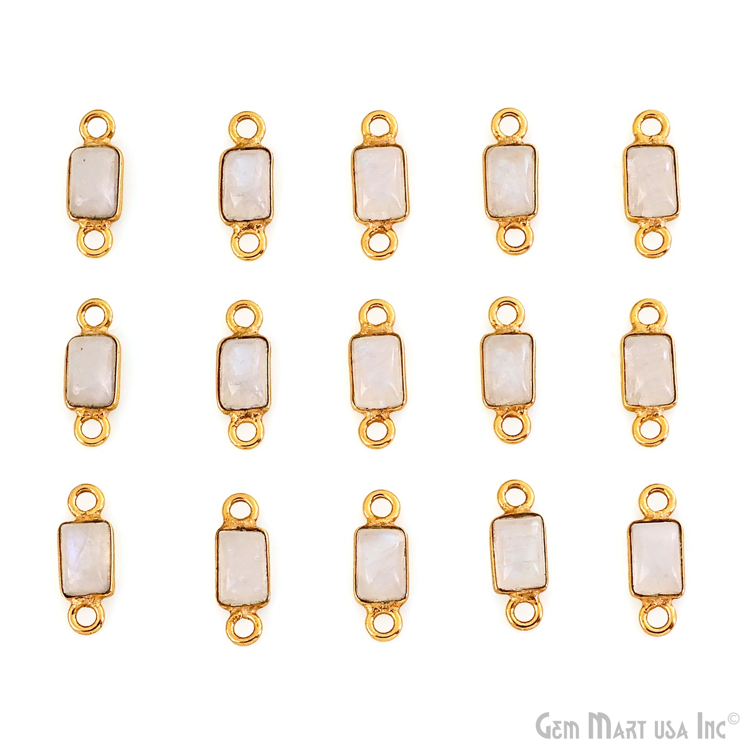 Rainbow Moonstone Cabochon 6x4mm Rectangle Gold Plated Bezel Connector