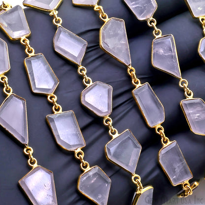 Rose Quartz 10-15mm Faceted Free Form Gold Plated Bezel Connector Link Chain