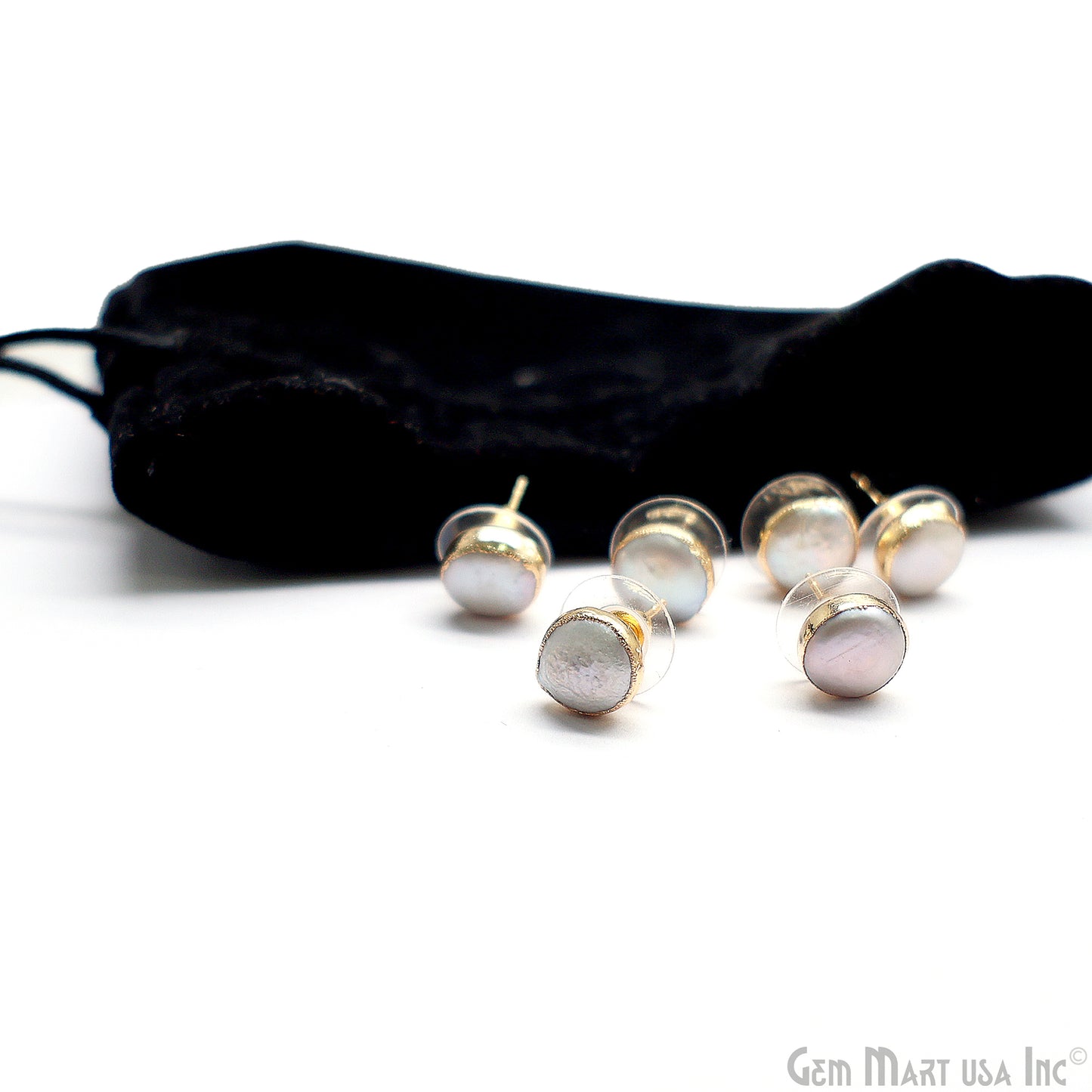 Natural Pearl Round Gemstone 10mm Gold Electroplated Stud Earring