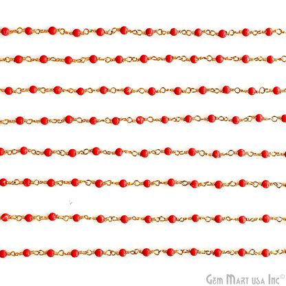 Coral Color Cabochon Beads 2mm Gold Plated Gemstone Rosary Chain