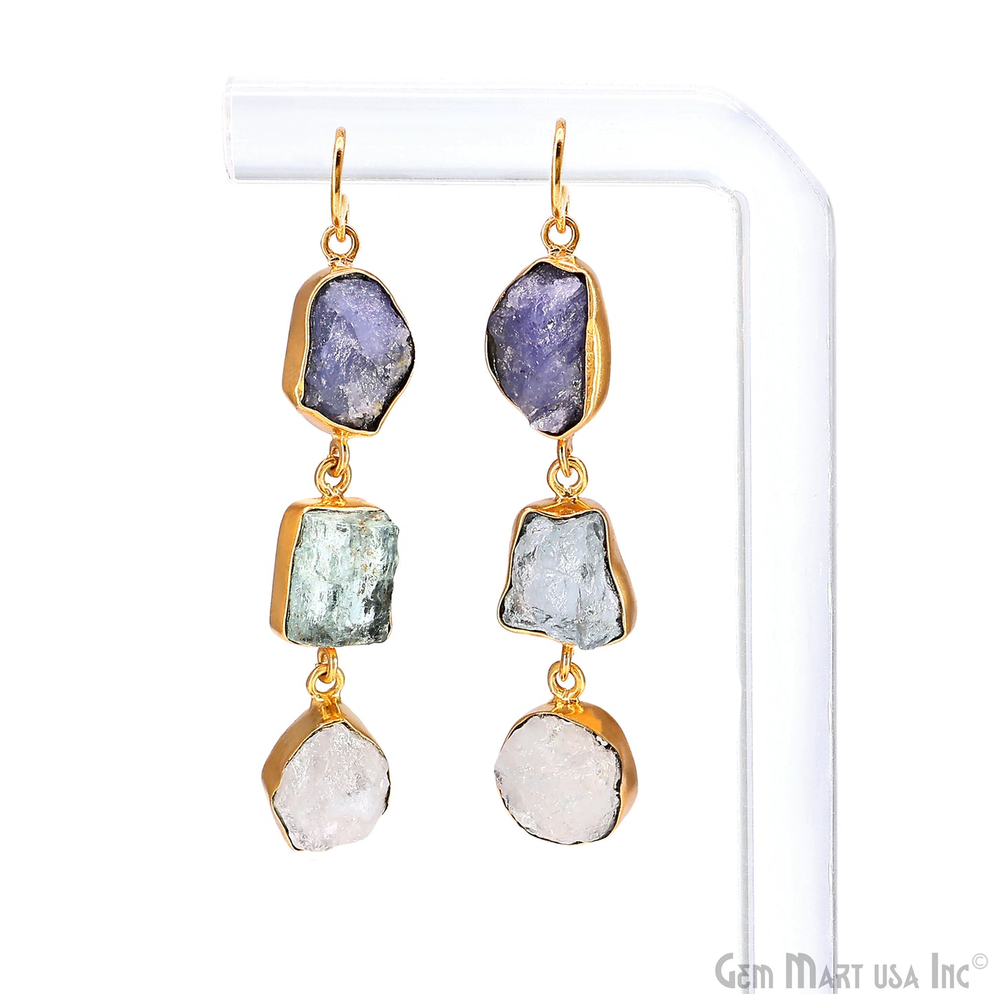 Rough Gemstone Bezel Setting 52x9mm Gold Plated Long Dangle Earring Pair Connectors