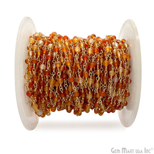 Shaded Carnelian Faceted Bead 3-3.5mm Gold Wire Wrapped Gemstone Beads Rosary Chain