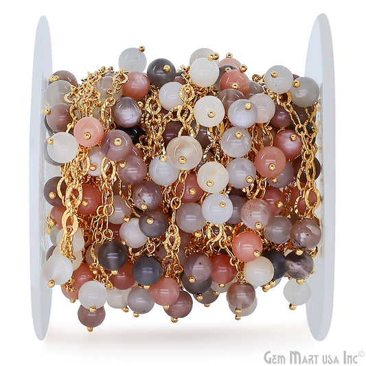 Multi Moonstone Cabochon Round Beads 5-6mm Gold Wire Wrapped Dangle Rosary Chain