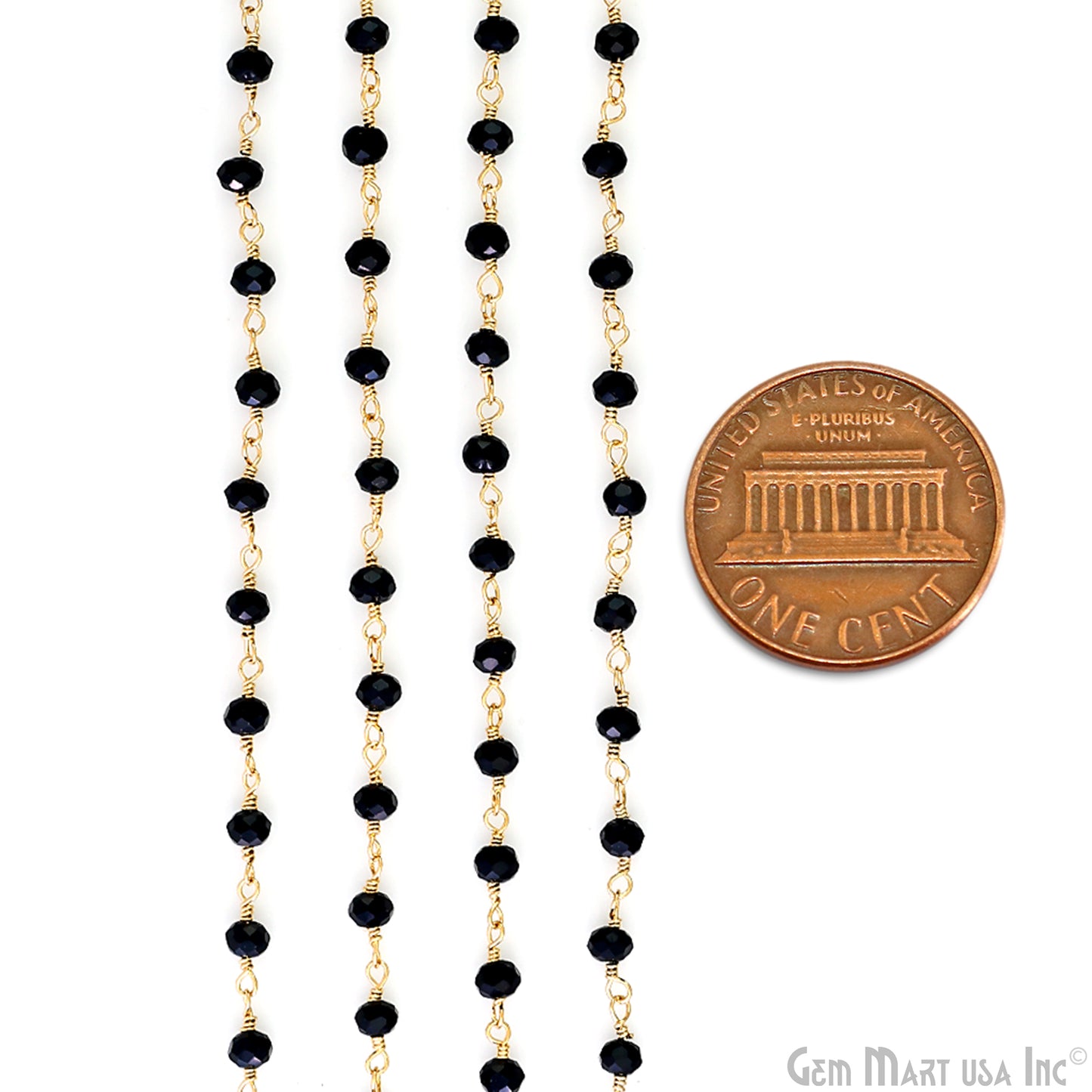 Black Chalcedony 3-3.5mm Faceted Beads Gold Wire Wrapped Rosary Chain