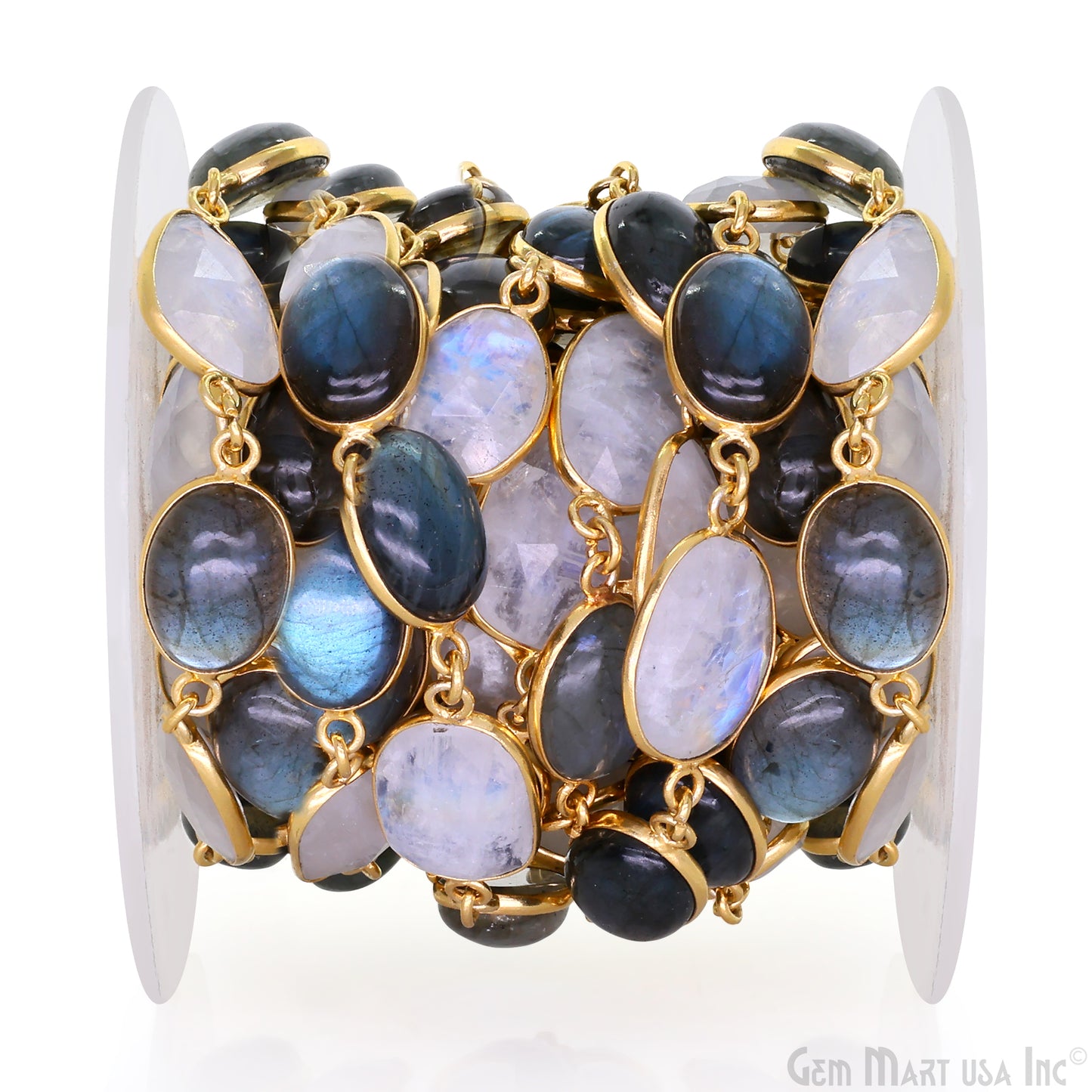 Rainbow Moonstone Faceted & Labradorite Oval 10-15mm Cabochon Bezel Link Connector Chain