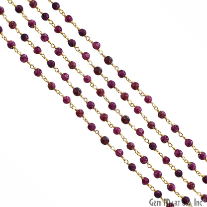 Pink Ruby Jade Faceted Beads 4mm Gold Plated Wire Wrapped Rosary Chain