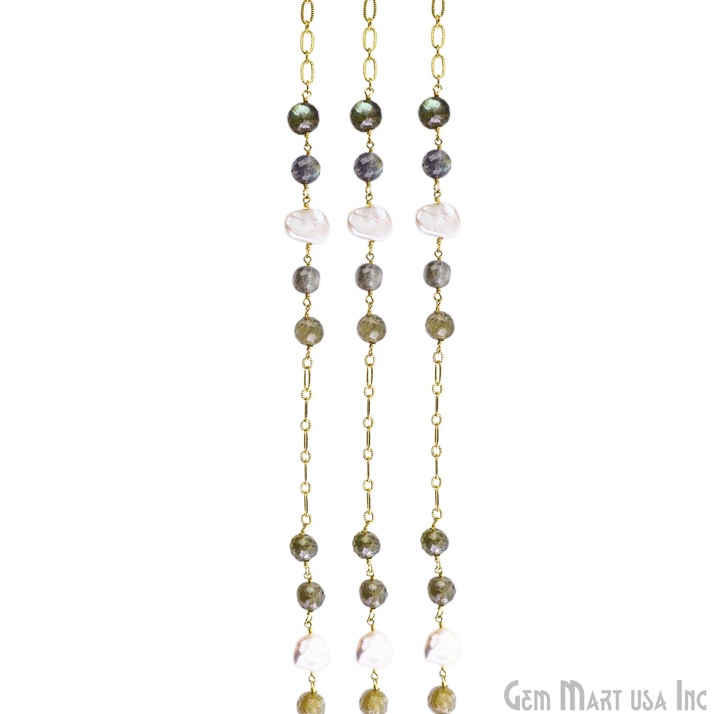 Labradorite & Pearl Round Beads Gold Plated Finding Rosary Chain