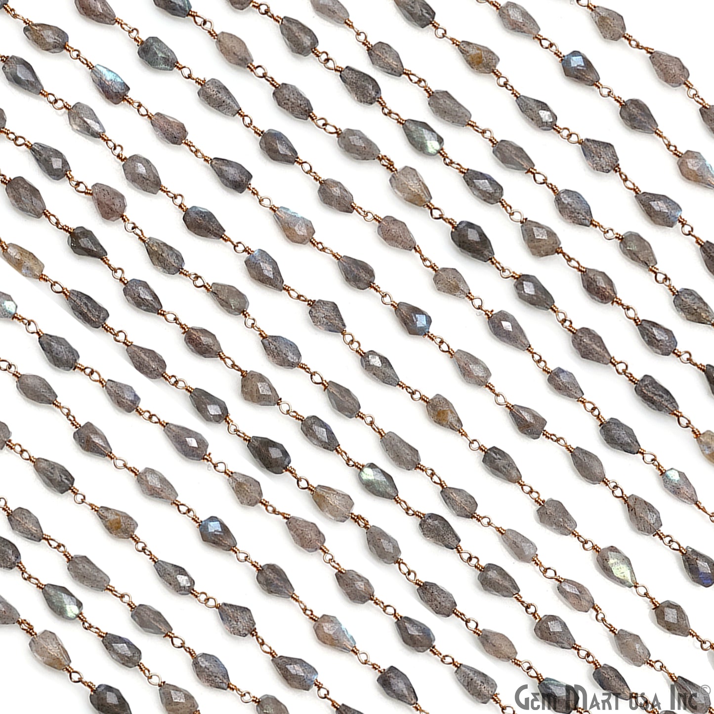 Labradorite 8x5mm Cone Shape Gold Wire Wrapped Rosary Chain