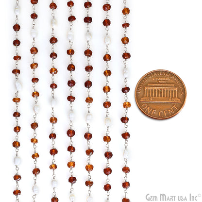 Hessonite 4-5mm & Pearl 5x4mm Beads Beads Silver Plated Rosary Chain