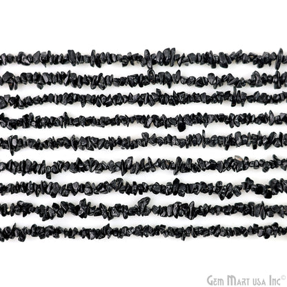 Black Tourmaline Chip Beads, 34 Inch, Natural Chip Strands, Drilled Strung Nugget Beads, 3-7mm, Polished, GemmartUSA (CHKT-70001)