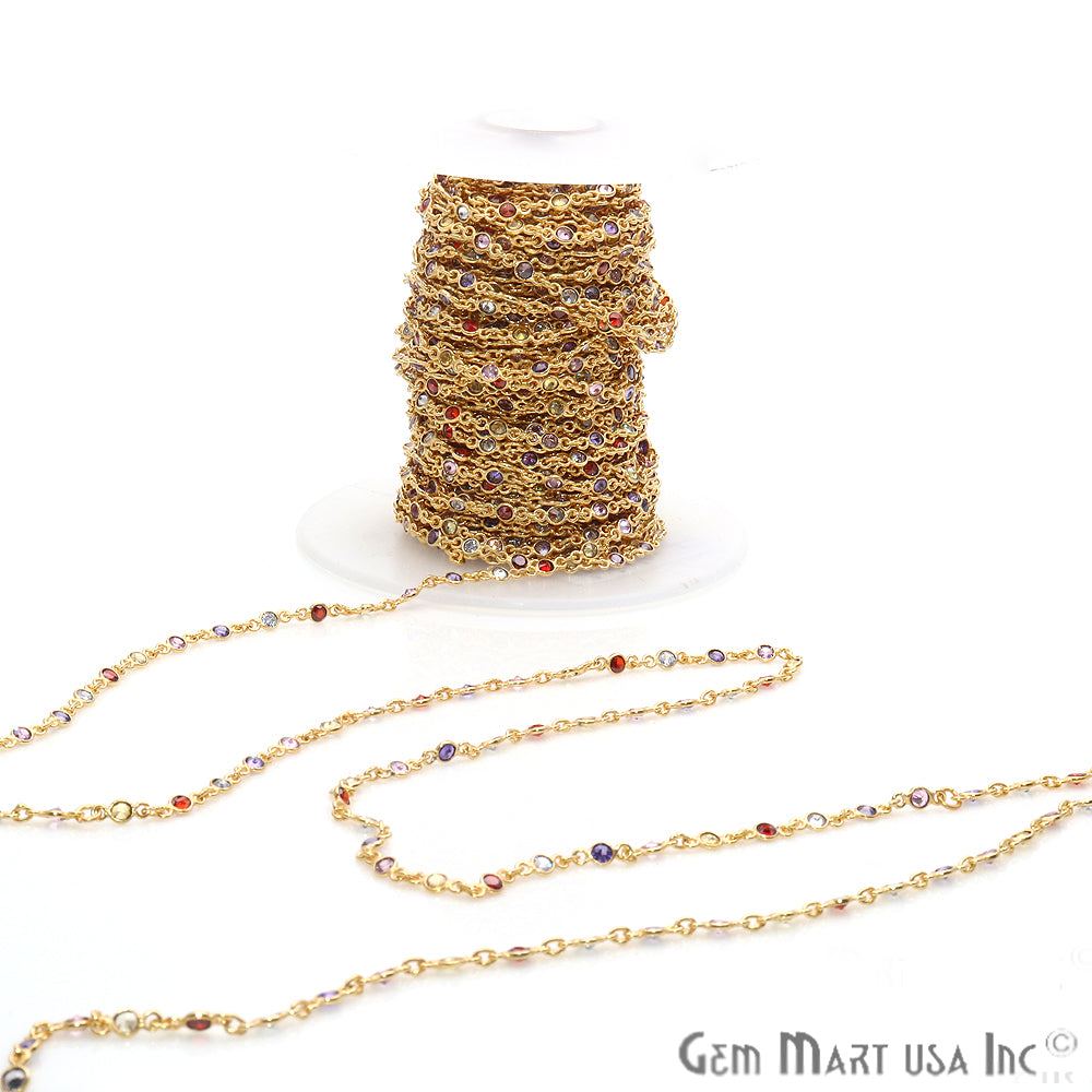 Zircon Finding Chain 4mm Round Gold Plated Bezel Continuous Connector Chain, DIY Necklace Chain, 1 foot, GemMartUSA