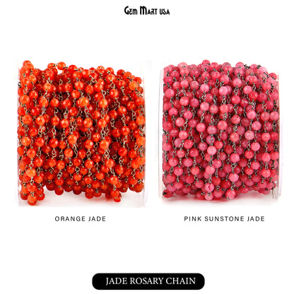 Dyed Jade Bead Faceted Crystal Round Rosary Chain Black Plating, 4mm, 1+ ft