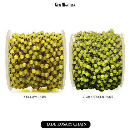 Dyed Jade Bead Faceted Crystal Round Rosary Chain Black Plating, 4mm, 1+ ft