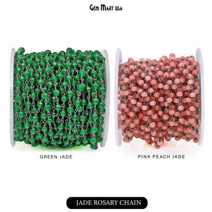 Dyed Jade Bead Faceted Crystal Round Rosary Chain Black Plating, 4mm, 1+ ft