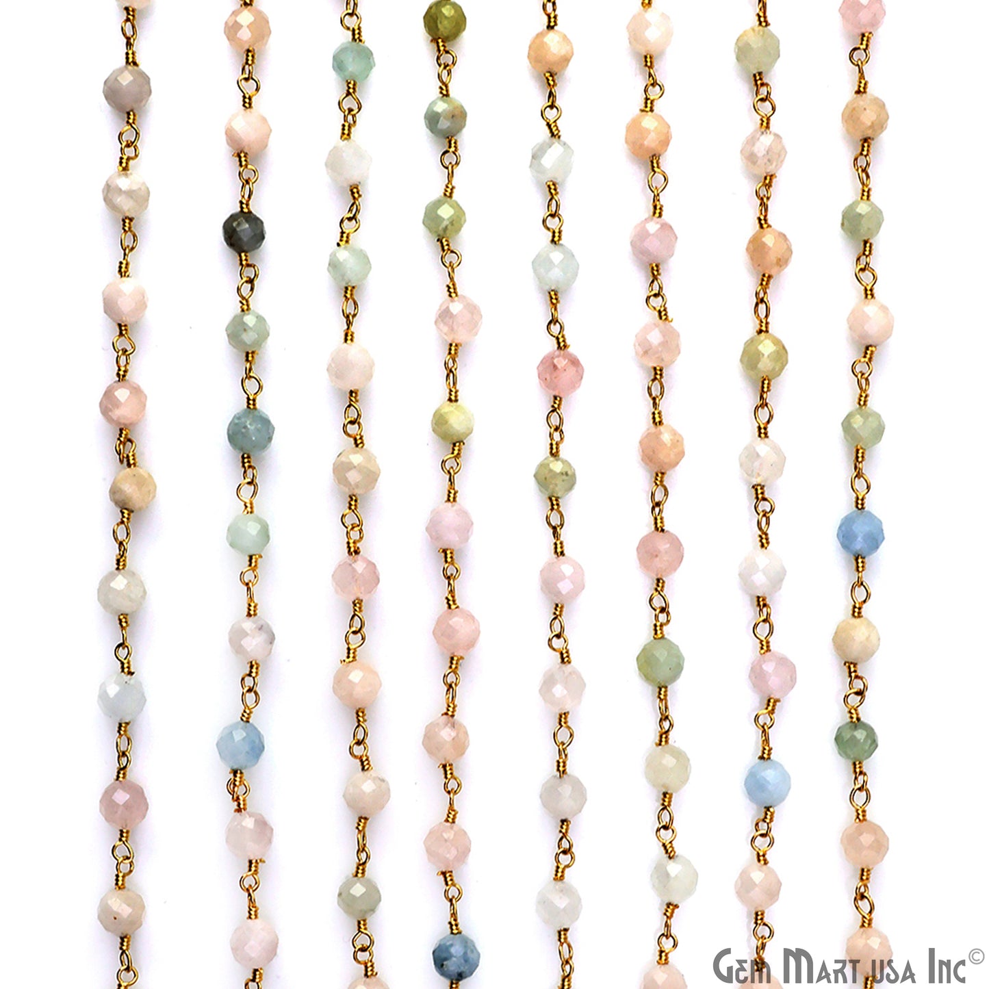 Multi Aquamarine 4mm UP Round Faceted Beads Gold Plated Rosary Chain