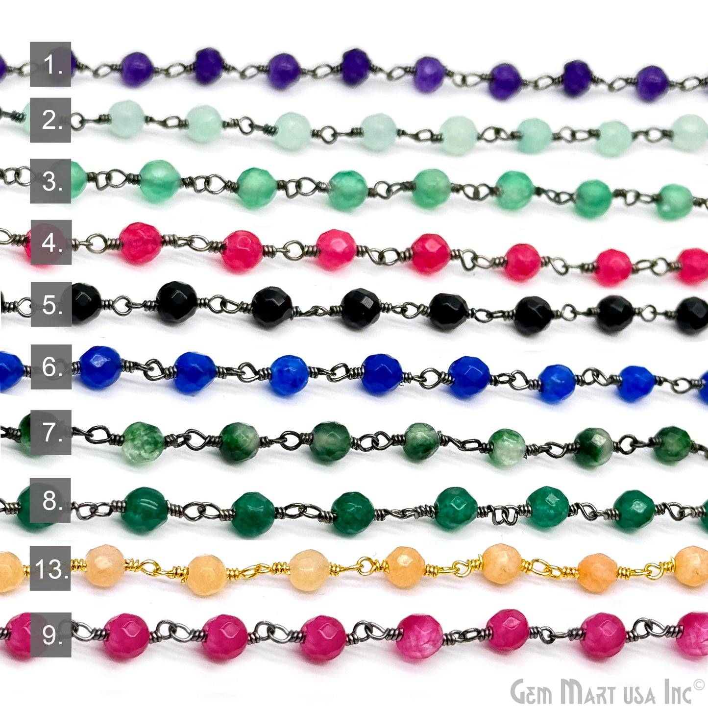 Dyed Jade Bead Faceted Crystal Round Rosary Chain Black Plating, 4mm, 1+ ft