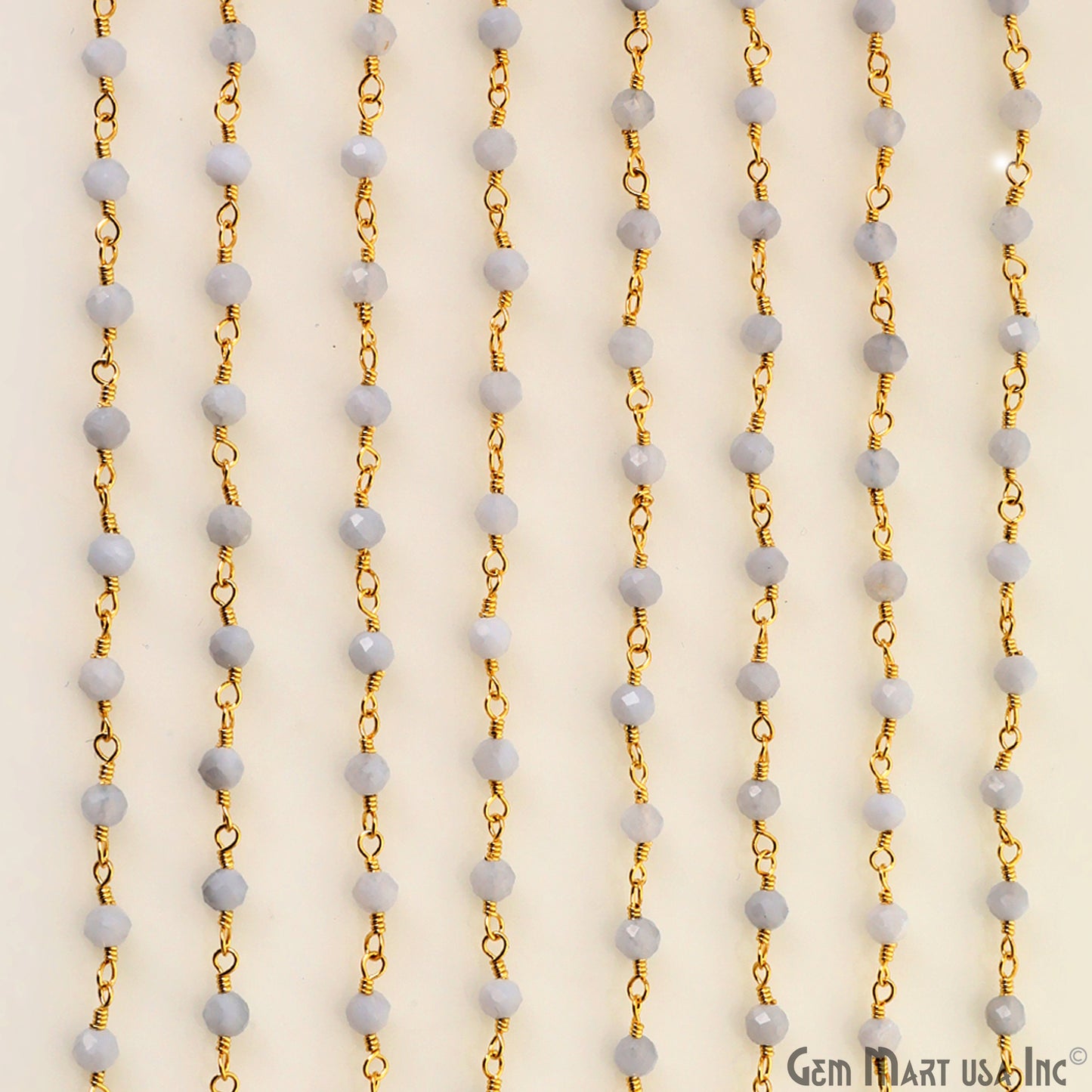 Blue Lace Agate 3-3.5mm Gold Plated Beaded Wire Wrapped Rosary Chain