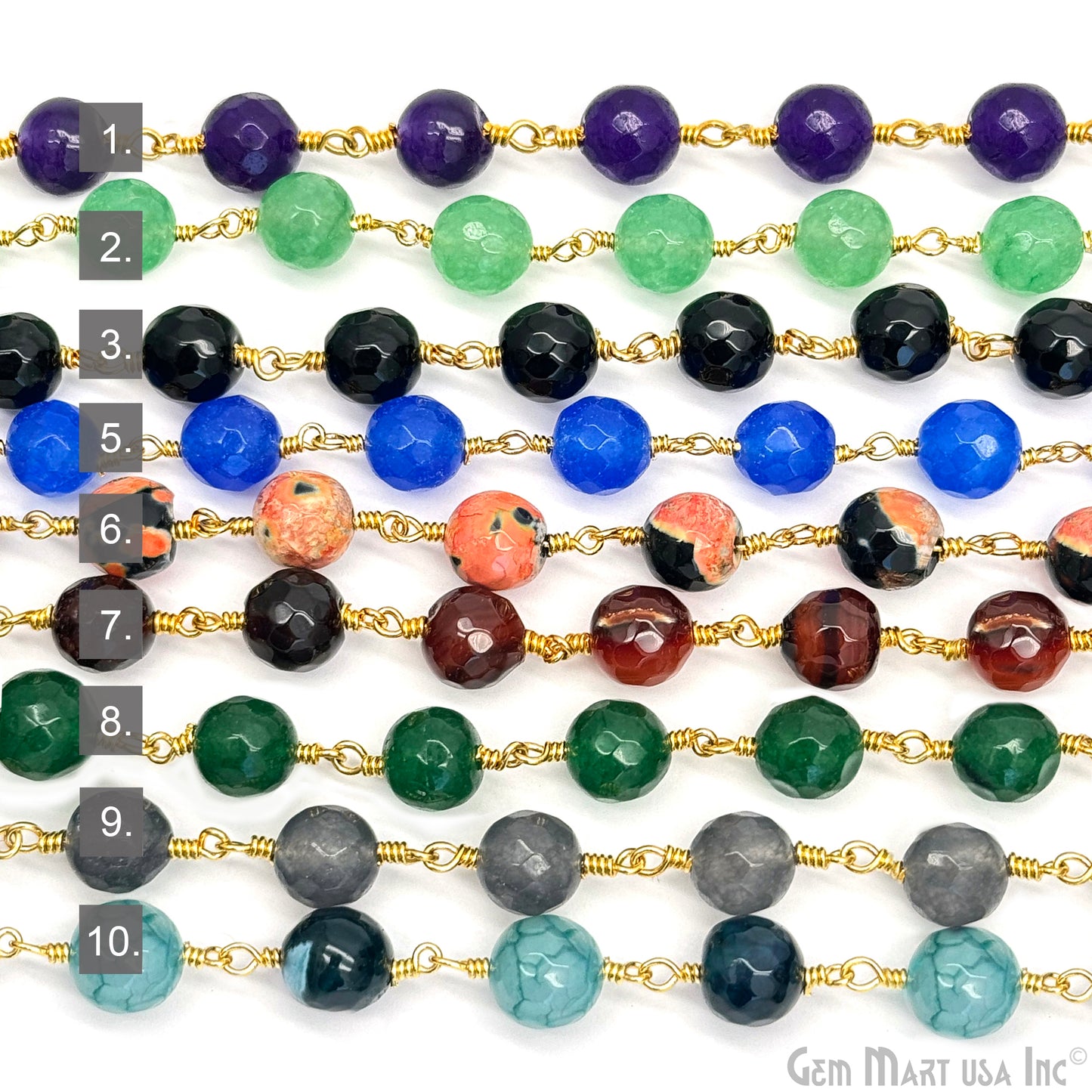 Dyed Jade Bead Faceted Crystal Round Rosary Chain Gold Plating, 8mm, 1+ ft