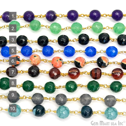 Dyed Jade Bead Faceted Crystal Round Rosary Chain Gold Plating, 8mm, 1+ ft