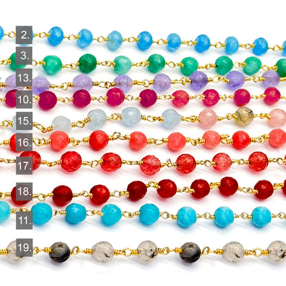 Dyed Jade Bead Faceted Crystal Round Rosary Chain Gold Plating, 5-6mm, 1+ ft