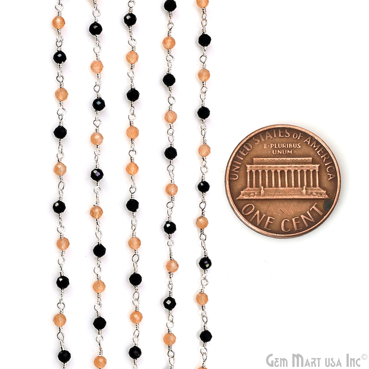 Caramel Monalisa & Black Monalisa Faceted 3-3.5mm Silver Plated Beaded Wire Wrapped Rosary Chain